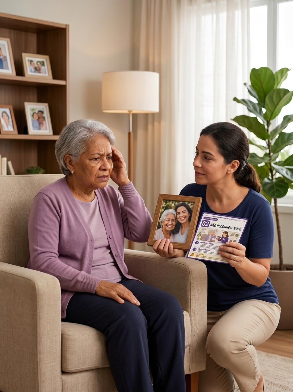 Cuidadora consultando cartões junto ao familiar no sofá
